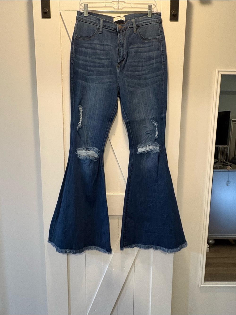 High-Rise Dark Blue Distressed Flare Jeans - Women's
